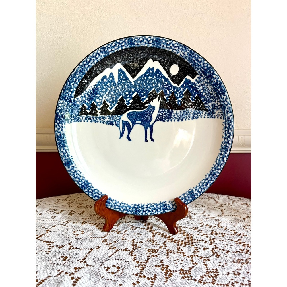 Tienshan Folk Craft Wolf Chop Plate Blue White Mountain Cabin Stoneware 12" VTG
